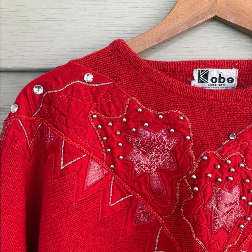 KOBE vintage red holiday grandma sweater western abstract 80s embellished sz 38